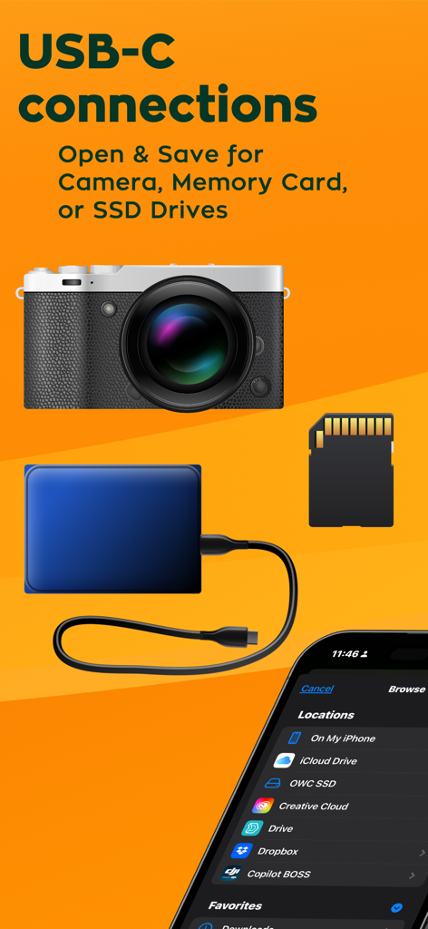 Radiant: AI Photo&Video Editor - Promotion of Radiant Photo Editor showing USB-C connectivity for cameras, memory cards, and SSD drives.