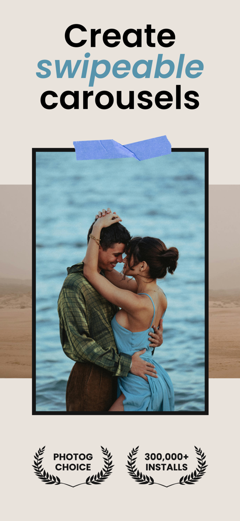 Captura de pantalla de la aplicación PANO que muestra una función para crear carruseles deslizable con una foto de una pareja y una insignia de instalación