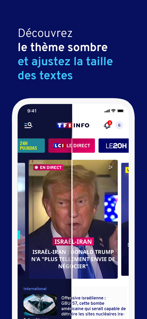 Interface de l'application TF1 INFO démontrant le mode sombre et les fonctionnalités de réglage de la taille du texte.