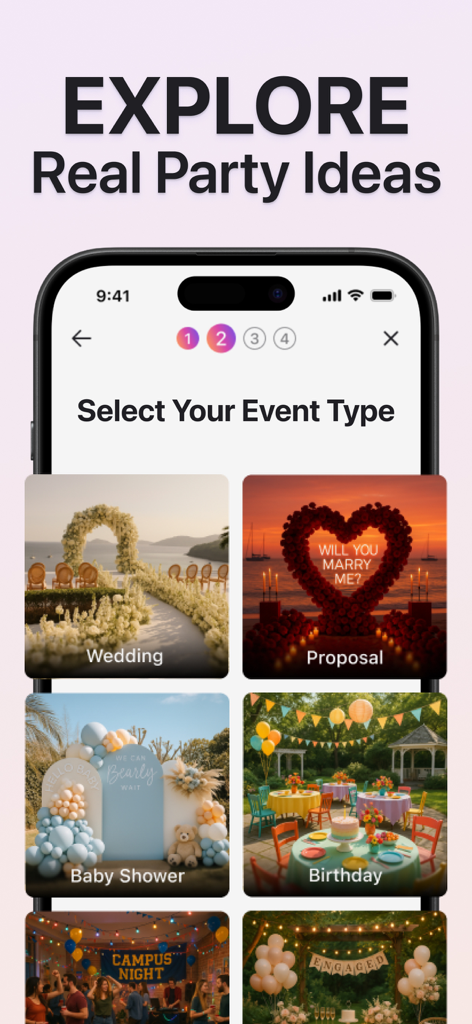 AI Party Design: Event Planner - AIパーティーデザインのモバイルアプリ画面、結婚式、プロポーズ、ベビーシャワー、誕生日のイベントカテゴリを表示