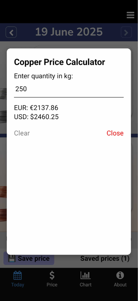EUR 및 USD 기준으로 250kg의 금속 가치 변환을 보여주는 구리 가격 계산기 인터페이스