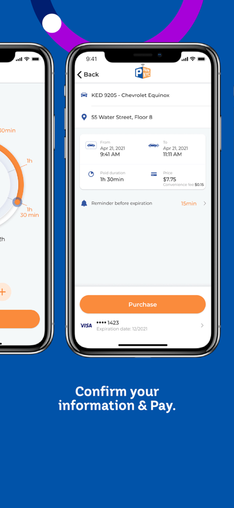 A mobile screen showing the ParkNYC app payment summary with parking duration, location, and a purchase button.