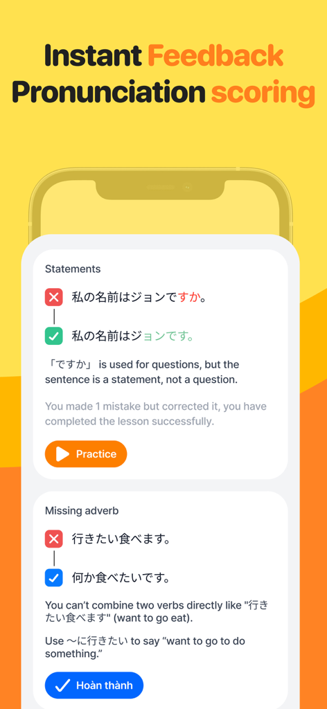 Sensei: Learn Japanese JLPT - KI-gestützte Grammatikkorrektur und Instant-Feedback-Bildschirm in der Sensei Japanisch-Lern-App, der Satzkorrekturen und Erklärungen zeigt