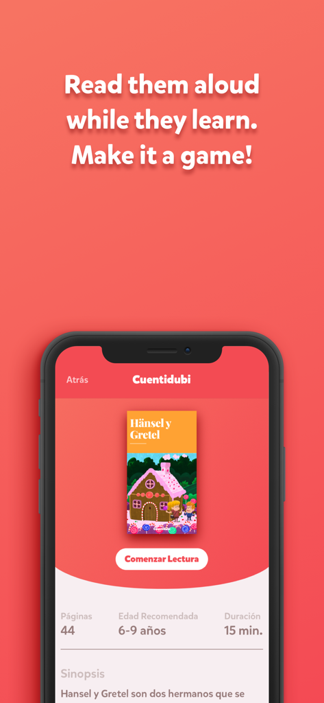 Short Stories - Cuentidubi - Mobile app screen showing the Hansel and Gretel story overview with reading time and age recommendations for kids