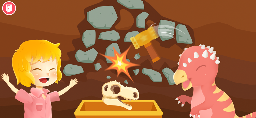 Eine Kinderfigur und ein kleiner pinker Dinosaurier graben mit einem Hammer in einer Höhle einen Fossilien-Schädel aus.