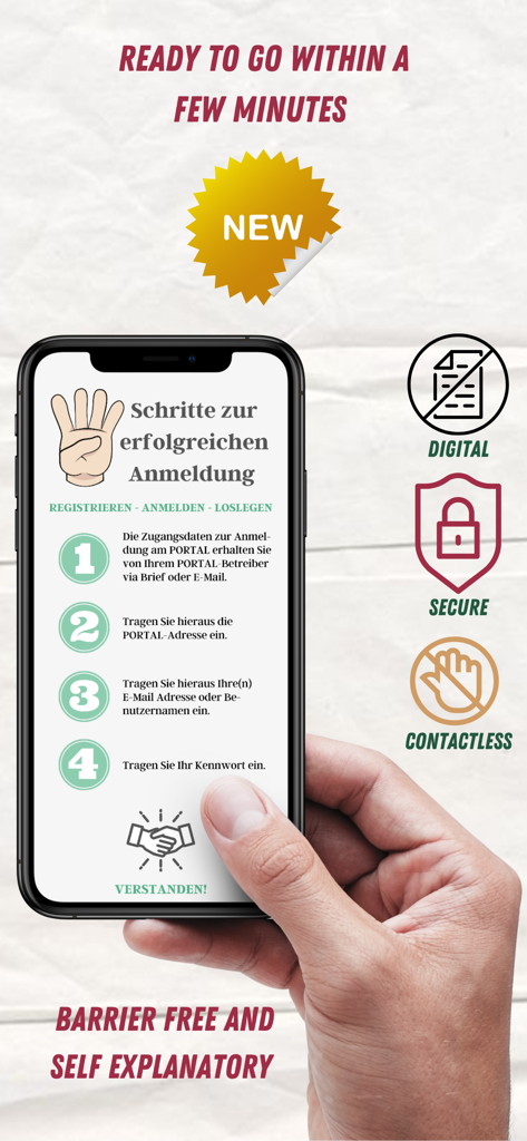 ProForma PORTAL 2 - Ein Smartphone-Bildschirm, der eine Schritt-für-Schritt-Anleitung für die Einrichtung der ProForma PORTAL 2 App mit Symbolen für digitale, sichere und kontaktlose Funktionen anzeigt.