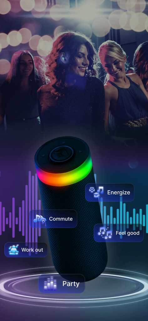 Jlab Earbuds & Speaker Control - A portable speaker with a glowing LED ring and sound mode options like Energize, Commute, Feel good, and Party.