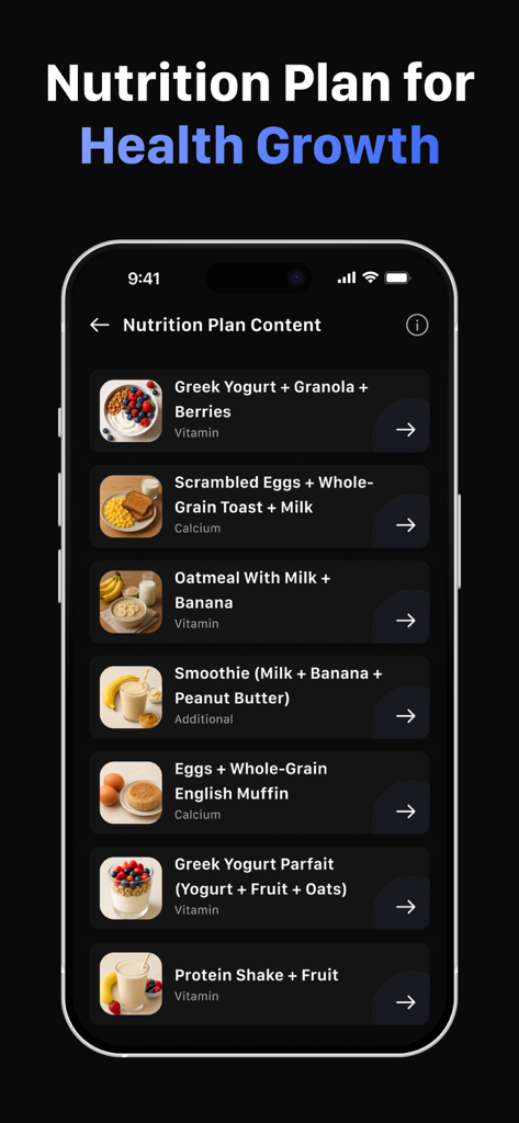 Taller - Height Predictor - Nutrition plan for health growth in the Taller app showing healthy meal options.