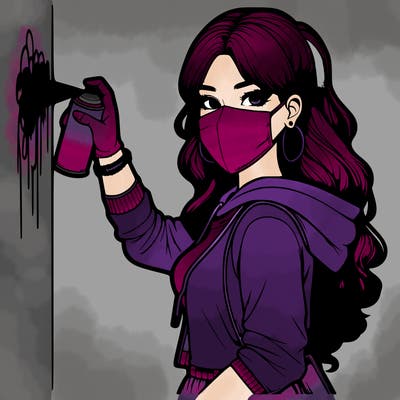 realistic girl with mask spray painting a wall