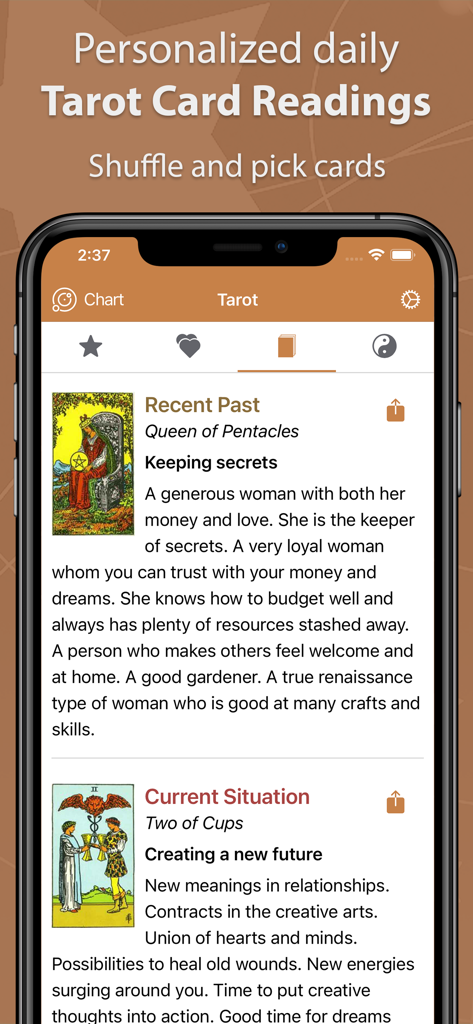 Astrolis mobile app interface for daily tarot card readings featuring recent past and current situation insights