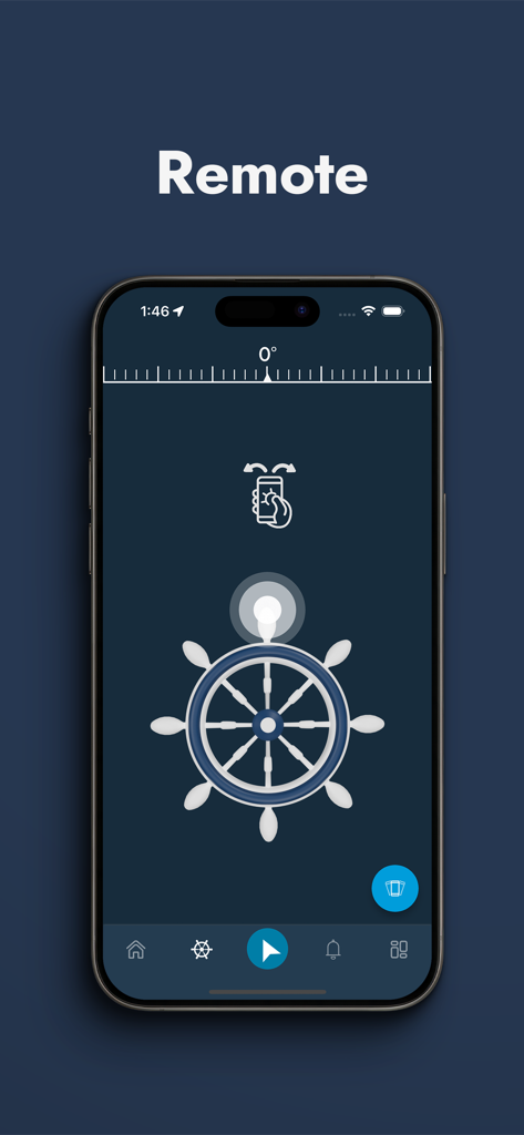 Interface of the iHoy Captain app showing the remote steering feature with a digital helm and motion tilt control indicator