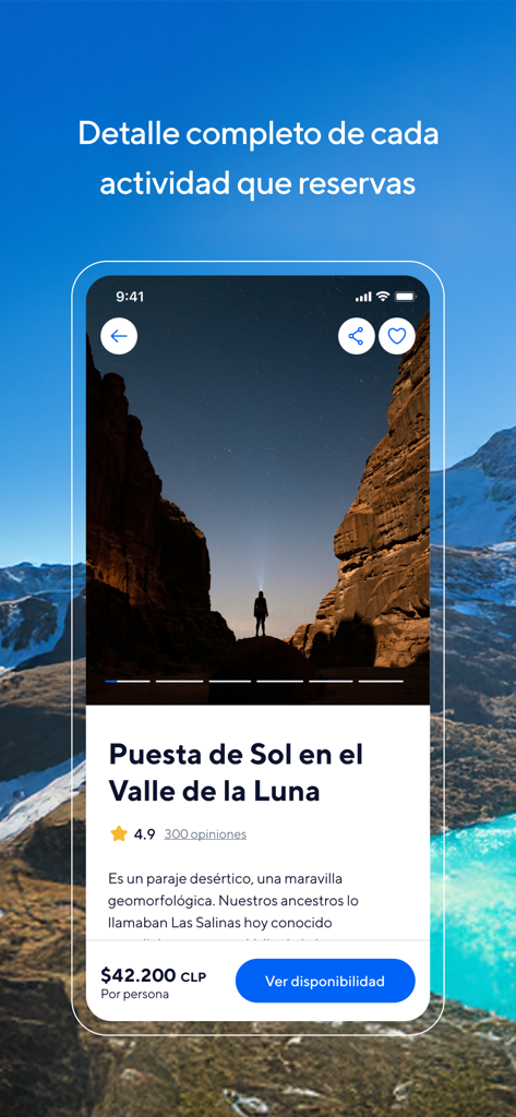 Chiletur - Pantalla móvil que muestra los detalles de la reserva para un tour al atardecer en el Valle de la Luna con precio y disponibilidad