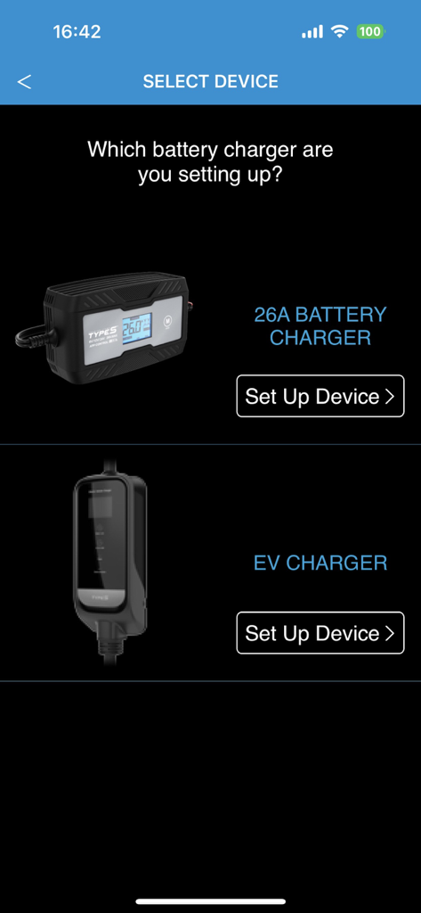 Type S Drive app screen showing setup options for a 26A battery charger and an EV charger