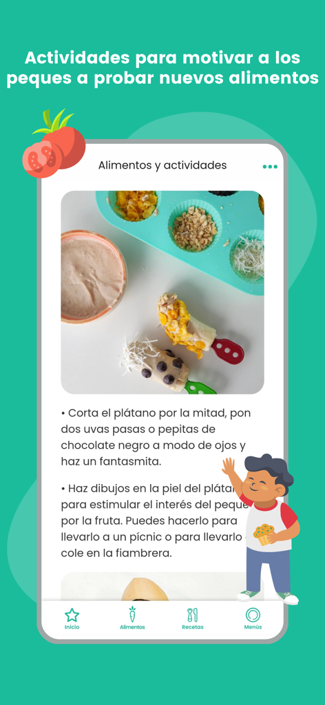 Capture d'écran de l'application Peque Ideas montrant des activités alimentaires créatives et des recettes comme des fantômes de bananes pour encourager les enfants à manger des fruits