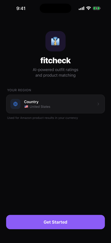 FitCheck: Your AI Style Critic - Pantalla de incorporación de la aplicación FitCheck para seleccionar la región del usuario y comenzar con las calificaciones de atuendos impulsadas por IA.
