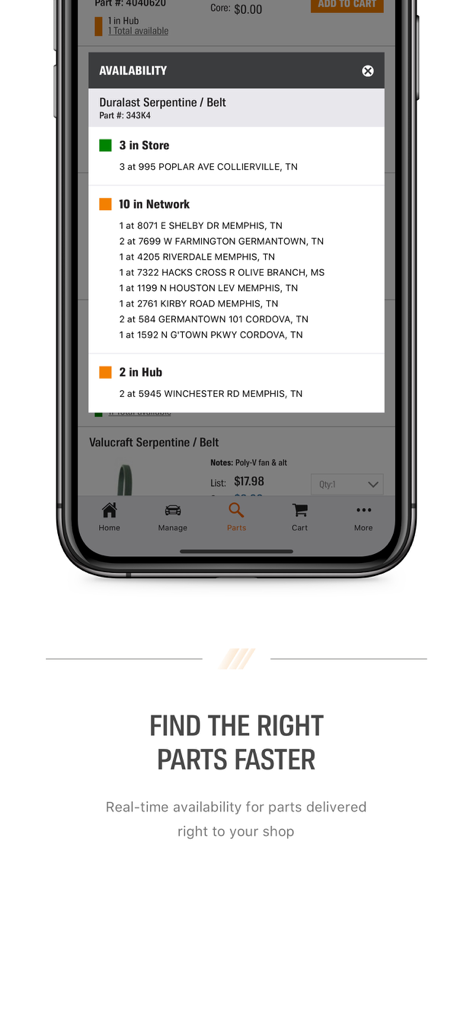 Mobile screen showing real-time inventory for automotive parts at local stores and distribution hubs