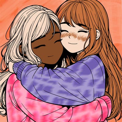 realistic two girls hugging