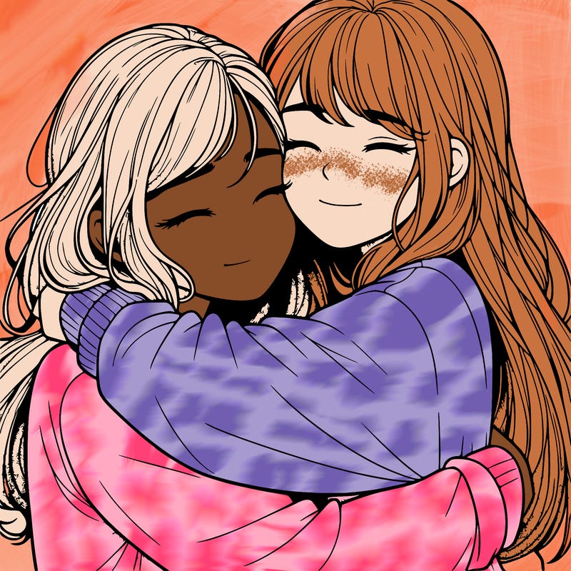 realistic two girls hugging