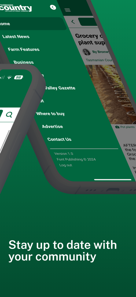 Tas Country - Tas Country app menu and article interface for rural Tasmanian news