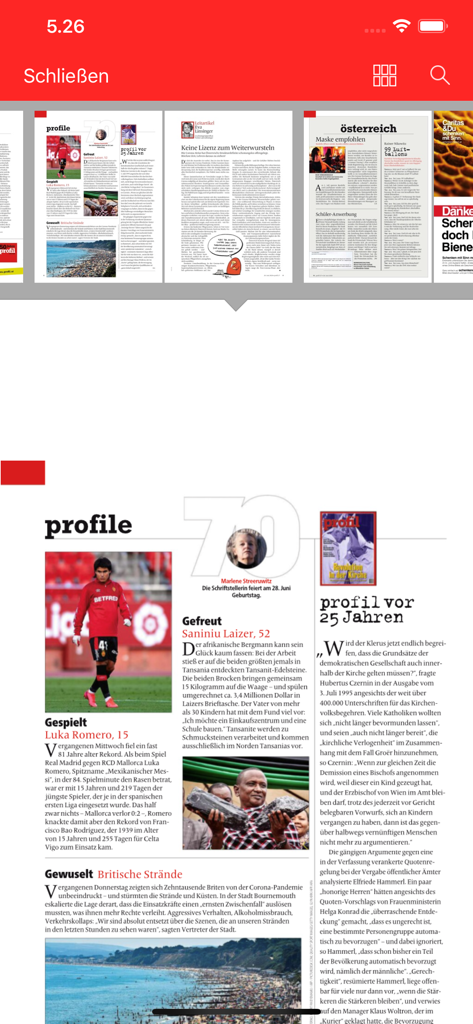 Interfaz de la aplicación profil ePaper que muestra las páginas de la revista digital