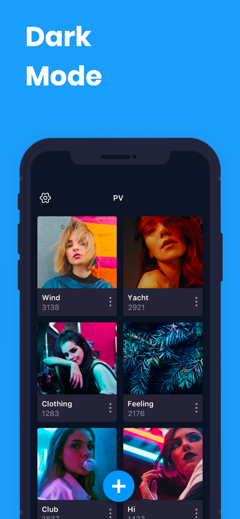 Smartphone screen showing the PV Secret Photo Album app interface in dark mode featuring several photo albums