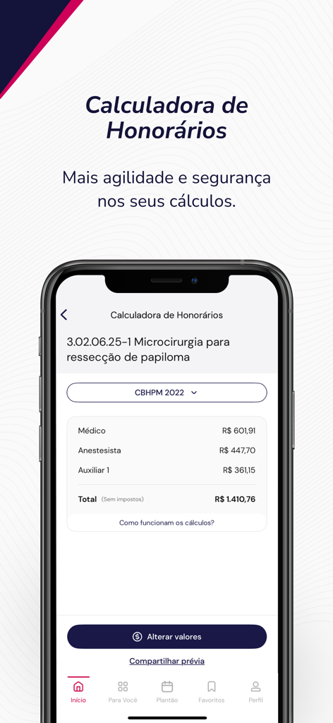 Afya Whitebook app interface showing a medical fee calculator for clinical procedures