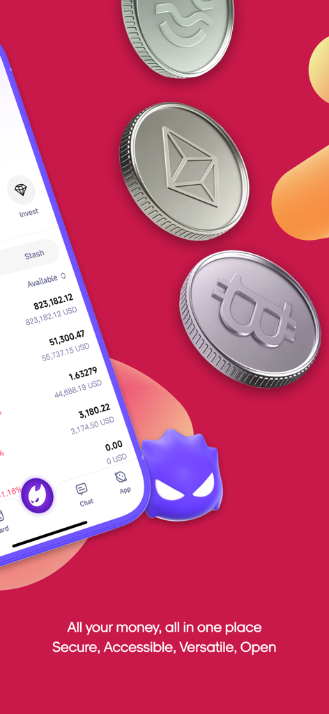 Interfaz de la aplicación SAVO, billetera todo en uno, con monedas flotantes de Bitcoin y Ethereum