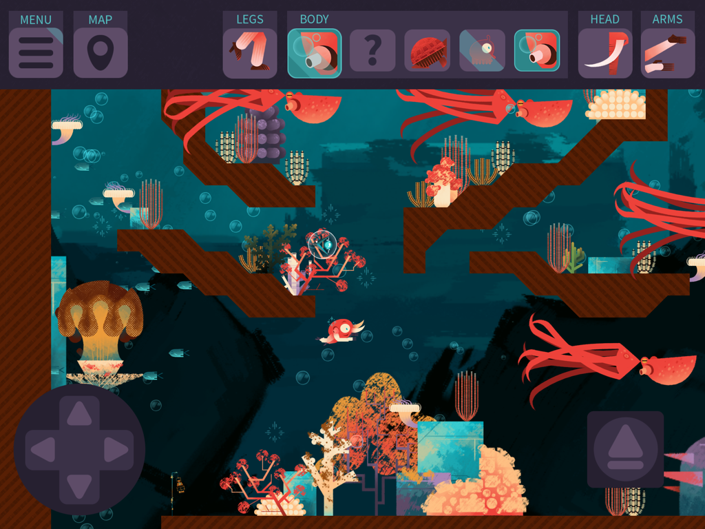 Morphy! - Gameplay screen of Morphy science game showing an underwater level with body part traits selection