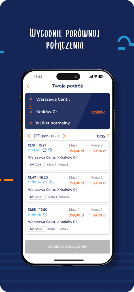 A smartphone displaying a list of available train connections from Warsaw to Krakow in the PKP Intercity app with prices and departure times.