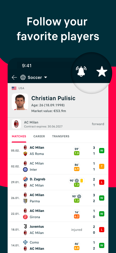 Flashscore mobile app interface showing Christian Pulisic player profile and match performance ratings