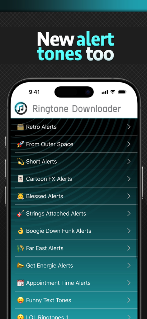 Ringtone Downloader Pro - Interface of Ringtone Downloader Pro showing various alert tone categories like Retro and Outer Space