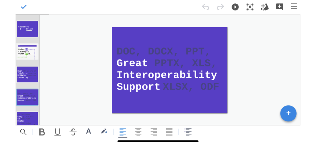 Collabora Office app interface showing a presentation slide highlighting support for multiple file formats like DOCX and PPTX