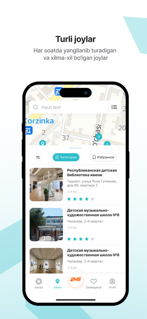 yonda.uz - yonda.uz app screen showing a map interface and a list of educational and cultural locations including libraries and music schools