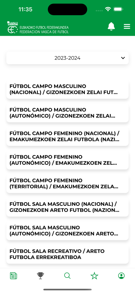 EFF-FVF - La aplicación oficial de la Federación Vasca de Fútbol mostrando una lista de categorías de ligas de fútbol y fútbol sala.