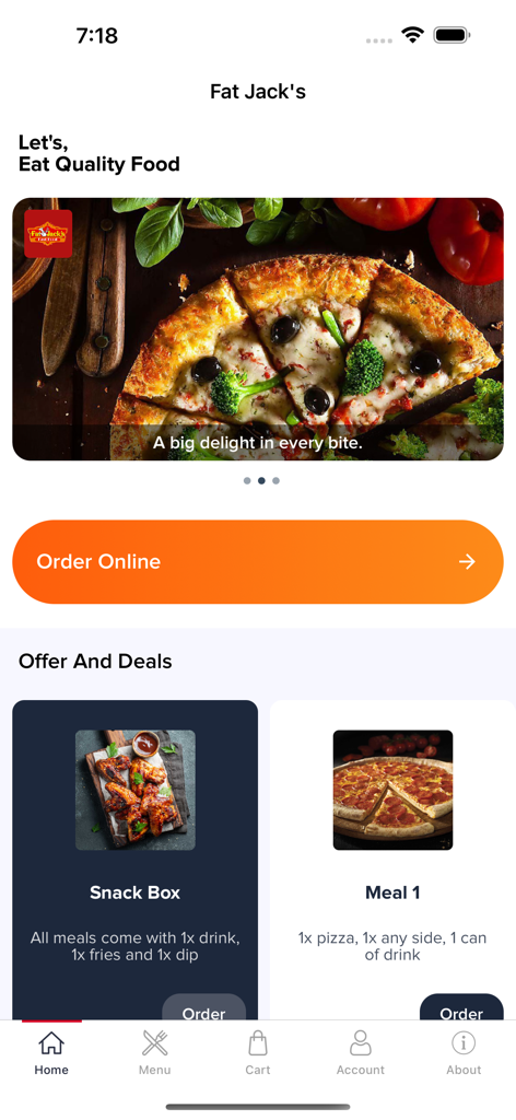 FATJACK'S - Home screen of the Fat Jacks mobile app showing pizza and chicken wing deals with an order online button