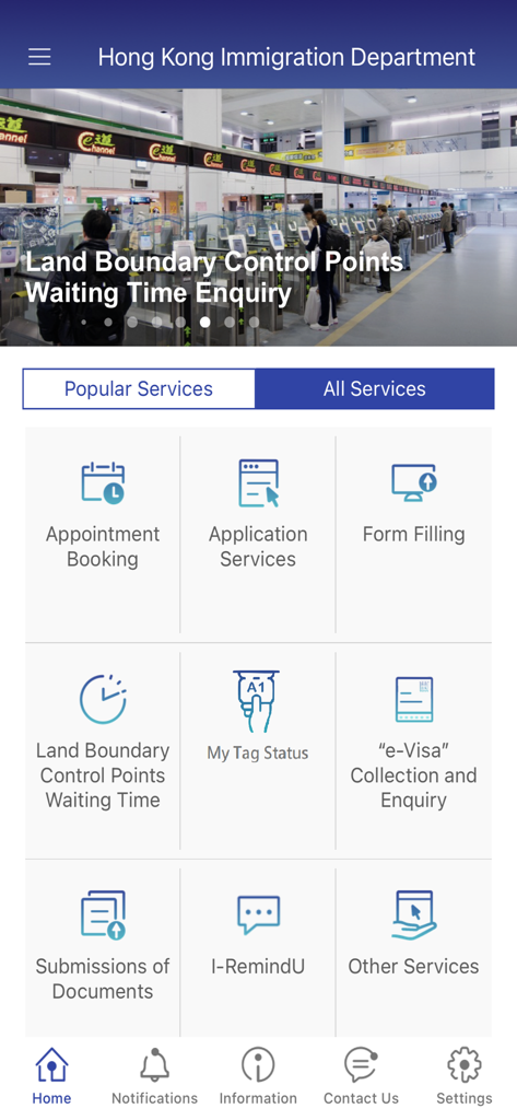 HK Immigration Department - Startbildschirm der mobilen App der Hongkonger Einwanderungsbehörde mit Diensten wie Terminbuchung und E-Visa-Anfrage.