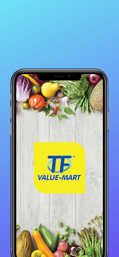 TF Value-Mart - TF Value-Martアプリのスプラッシュスクリーン。ロゴと新鮮な野菜が表示されています。