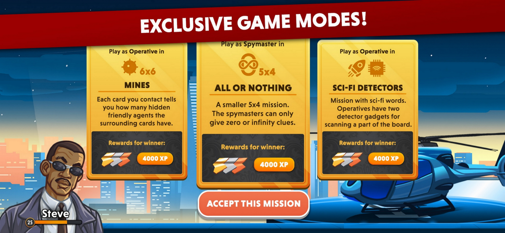 Auswahlbildschirm mit exklusiven Codenames-Spielmodi wie Minen und Sci-Fi-Detektoren mit EP-Belohnungen.