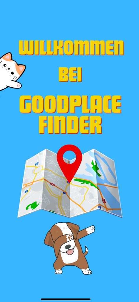 Good Place Finder - Welcome screen of the Good Place Finder app featuring a map with a red pin and cartoon animal characters