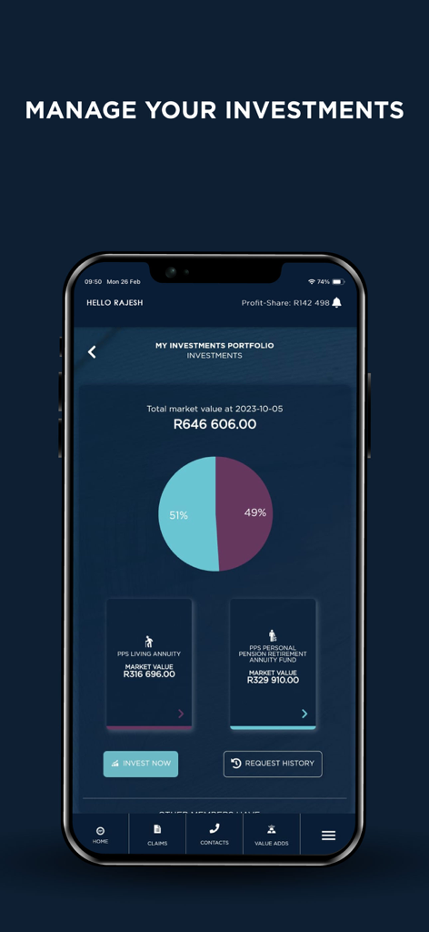 Panel de la cartera de inversiones de la App Móvil PPS que muestra el valor de mercado y la asignación de activos.