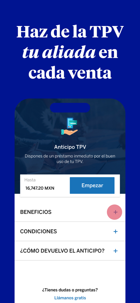 BBVA Empresas México - Schermata dell'app mobile BBVA Empresas México che mostra opzioni di anticipo contanti POS e prestiti aziendali