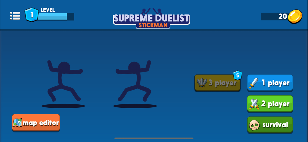 Supreme Duelist 2022 - Main menu of Supreme Duelist 2022 showing 1 player and 2 player game modes with stickman characters