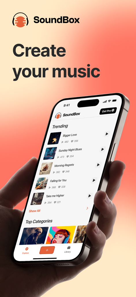 Interfaz de la aplicación móvil SoundBox AI para crear y explorar pistas de música