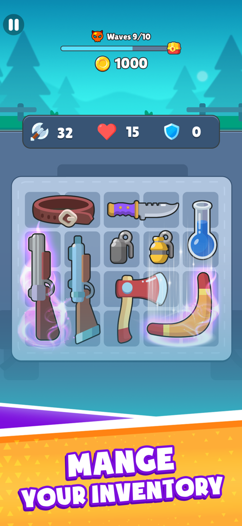 Backpack Hero: Merge Weapons - Pantalla de gestión de inventario de Backpack Hero que muestra varias armas y objetos organizados en una cuadrícula