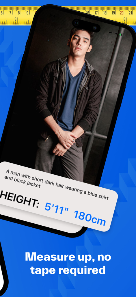 HeightSight AI app screen showing a five foot eleven inch height measurement for a person in a photo