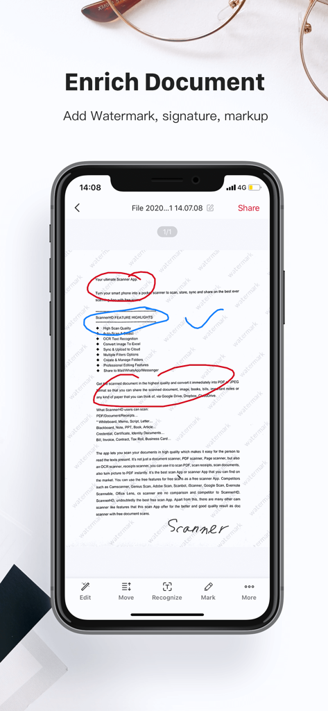 ScannerHD Pro - PDF Scan - A smartphone showing the ScannerHD Pro app interface for adding watermarks, signatures, and markups to scanned documents.