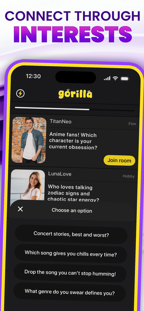 Gorilla Chat: Live Social - Gorilla Chat app interface showing live chat rooms for anime and zodiac interests with AI-generated conversation prompts.