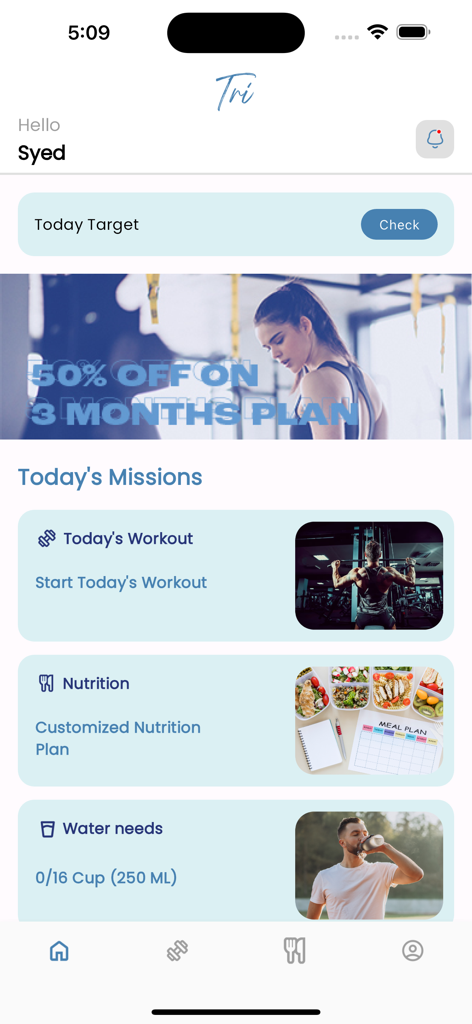 Tri Fits - Pantalla de inicio de la aplicación Tri Fits que muestra misiones diarias para el seguimiento del entrenamiento, la nutrición y la ingesta de agua