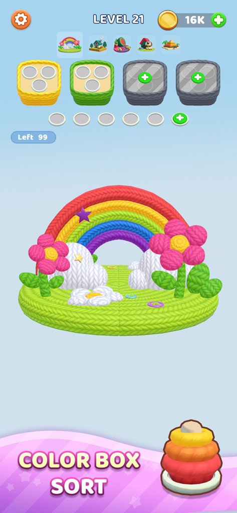 編み物の虹と花のある、カラフルな糸のソーティングパズルレベル