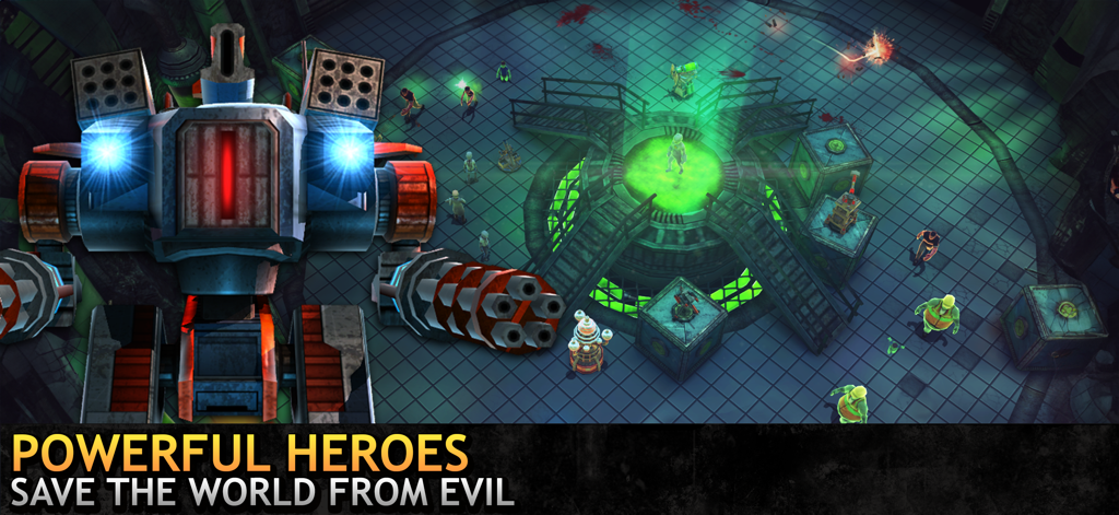 Last Hope TD - A massive mech hero stands in a futuristic lab defending against a zombie horde in Last Hope TD.